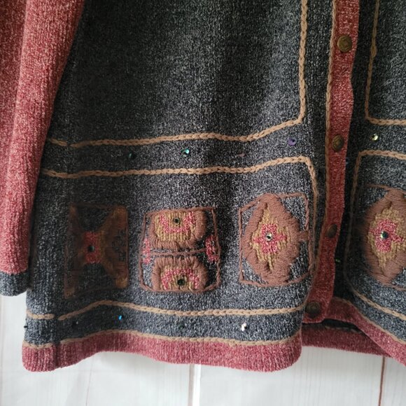 Vintage CJ Banks Women’s 1X Button-down Cardigan, Hand Embroidered, Maroon/Gray - Picture 2 of 10